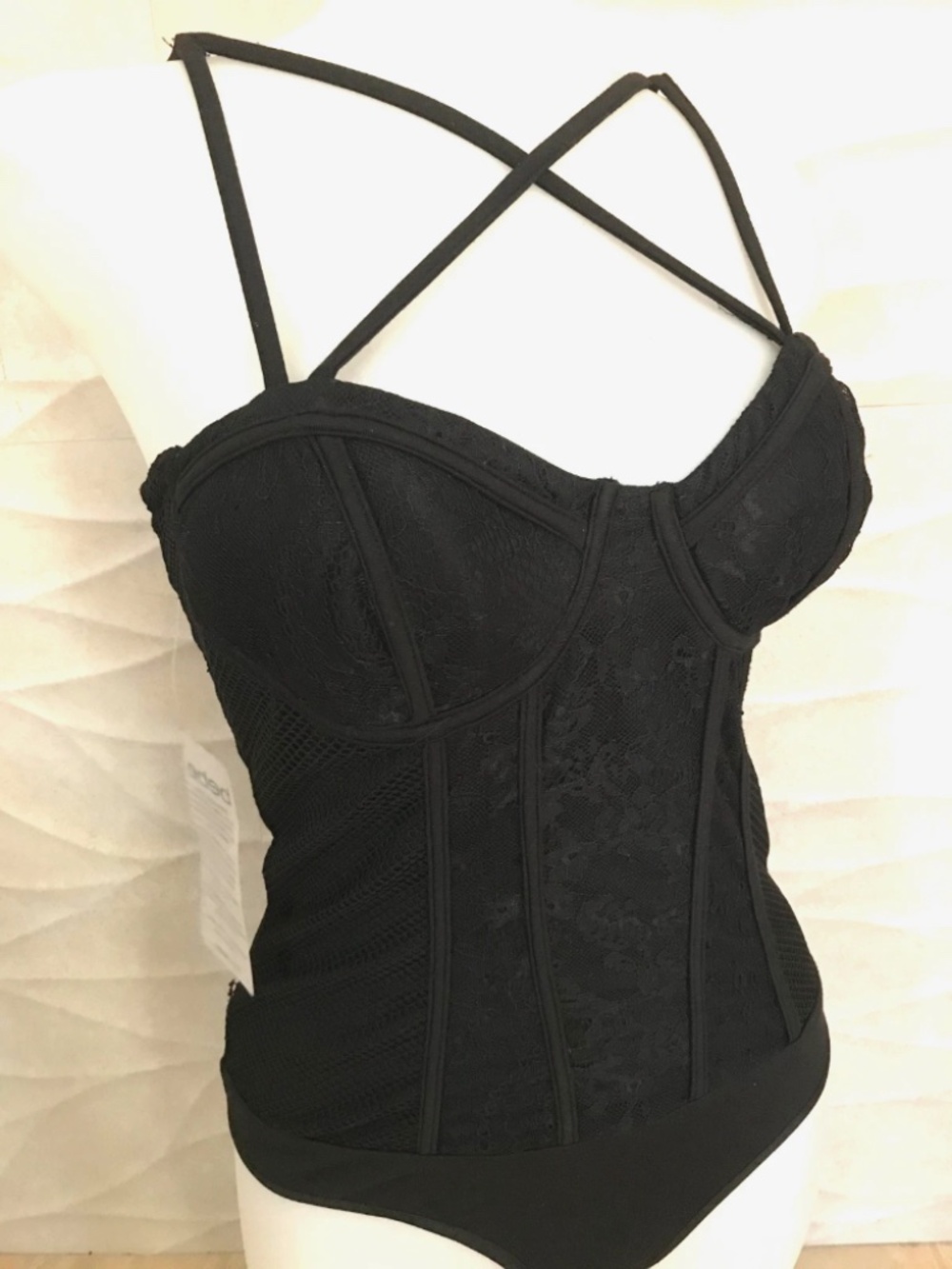 NWT Bebe black lace bustier straps bodysuit top s